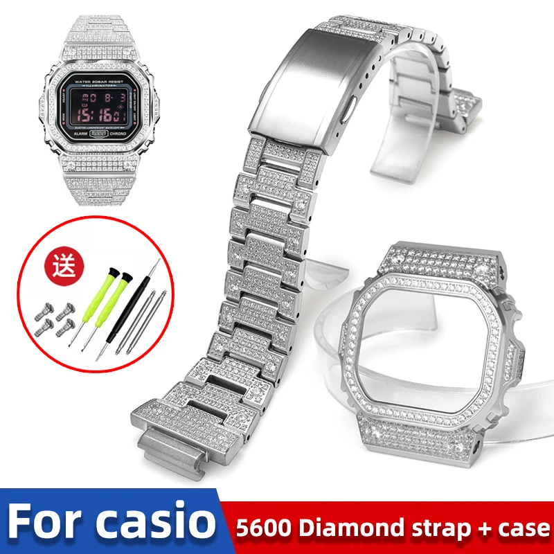 Juego de bisel y banda de diamantes personalizados para Casio G-Shock GM-5600/DW5600/DW5610 |   Set con diamantes Mod Kit |   Actualización de estuche y correa