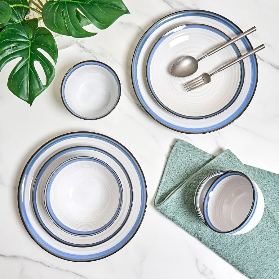 Conjunto de louça de grés Siterra de 16 peças para 4 conjuntos de pratos e tigelas brancas de cerâmica com borda azul resistente a lascas de esmalte reativo