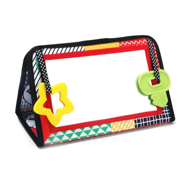 Tummy Time Mirror Baby Book with Teether, High Contrast Montessori Sensory Toy