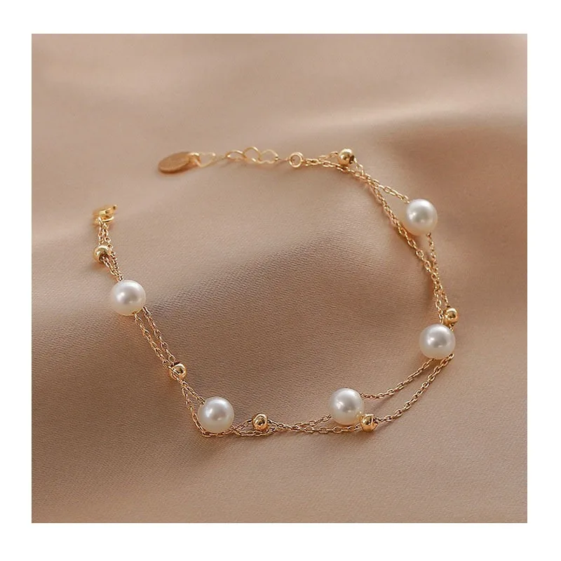 

Gypsy Double-layer Imitation Pearl Millet Round Bead Temperament Fashionable Luxury Atmosphere Adjustable Bracelet Anklet Versat