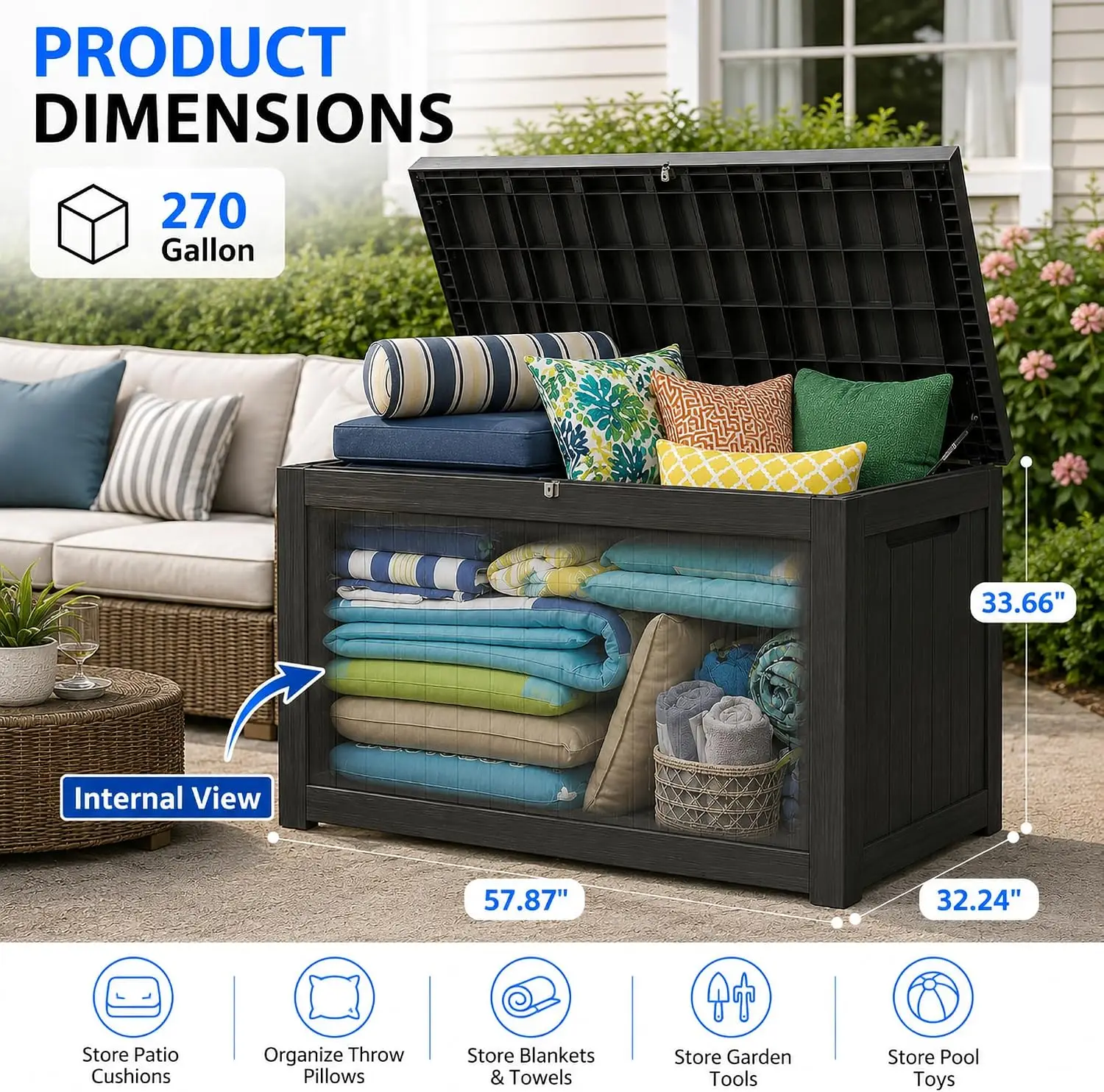 270 Gallon Outdoor Storage Box Resin Deck Box All Weather Waterproof Large Lockable Storage Container Deck Box for Patio