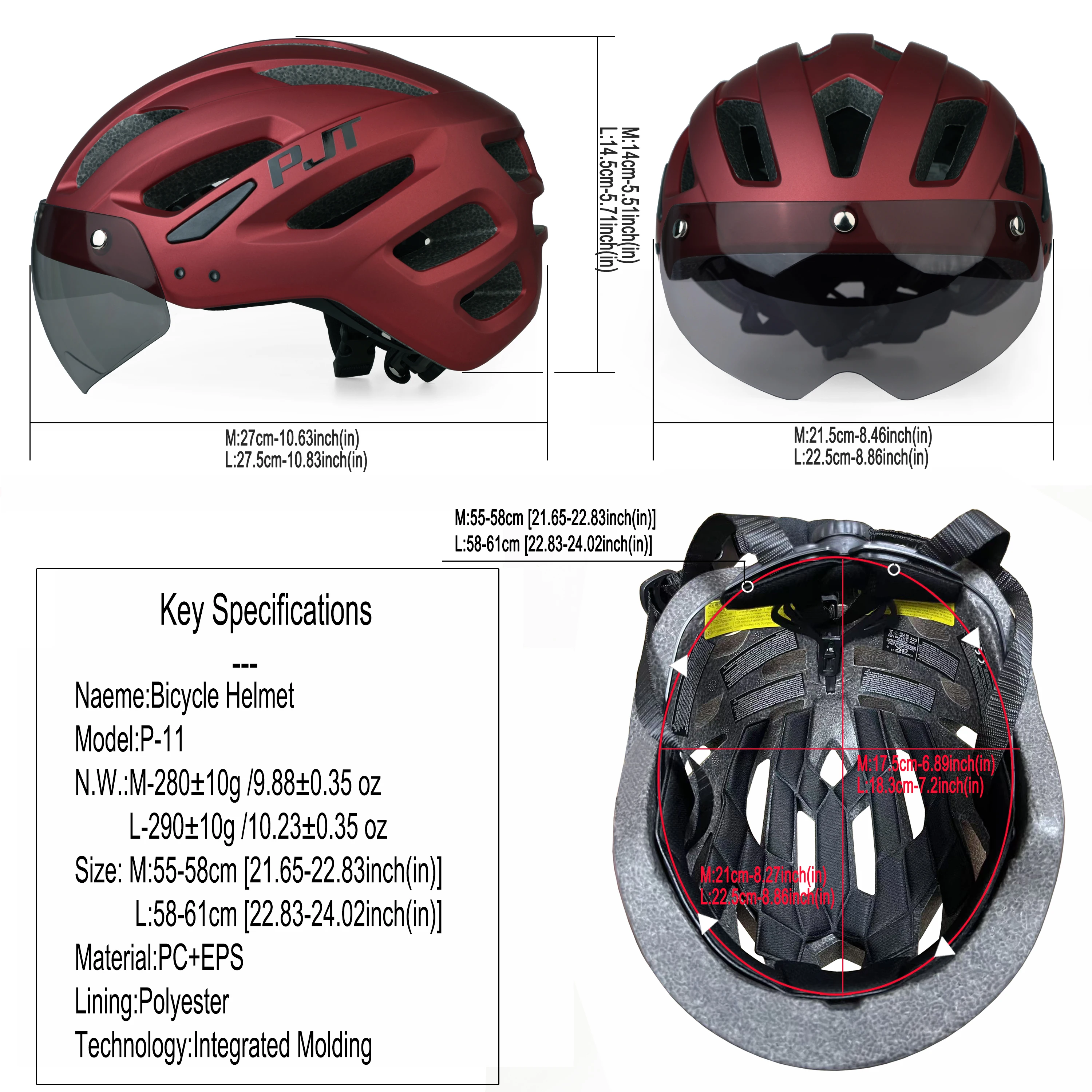 PJT Neuer Fahrradhelm mit Licht für Straße und MTB, Mountainbike-Brille / Sonnenschutz-Helm L für Männer und Frauen, Fahrradhelm mit Sonnenschutz – Detail 3