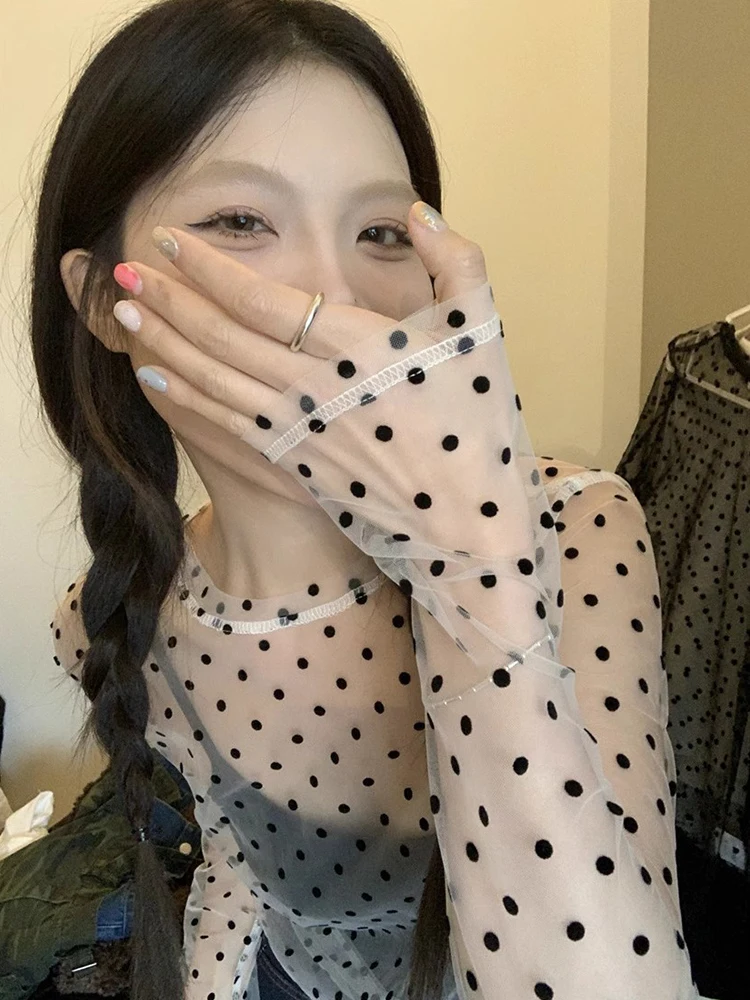 

Polka Dot Lace Base Shirt Women's Long Sleeve Transparent Netting Top Summer Commute Style Korean Version Slim Fit round Neck