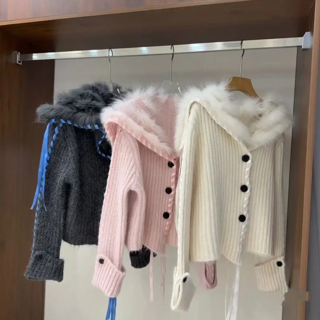 Nuevo diseño de moda de otoño cárdigan de punto para mujer Vintage solapa piel de visón Patchwork Casual ajustado suéter con cordones Top prendas de punto