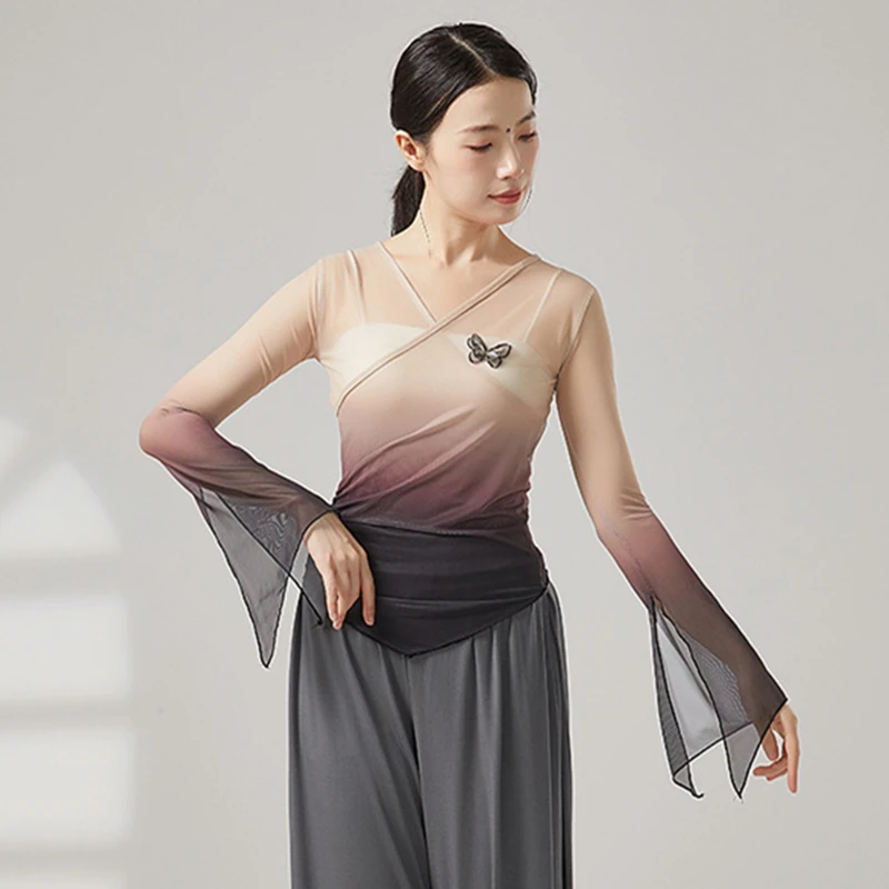 Women Classical Dance Mesh Top Gradient Long Slit Flared Sleeve Shirt Saree Blouse Chinese Hanfu Performance Training Costumes