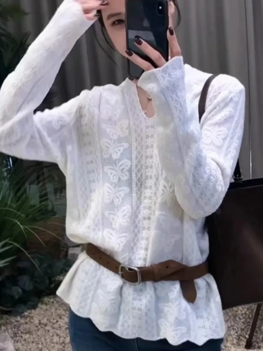 

Женский вязаный топ French Sle Long Sve с мягкими кисточками, дизайн Sensation, осенняя мода, один предмет, маленький утюг