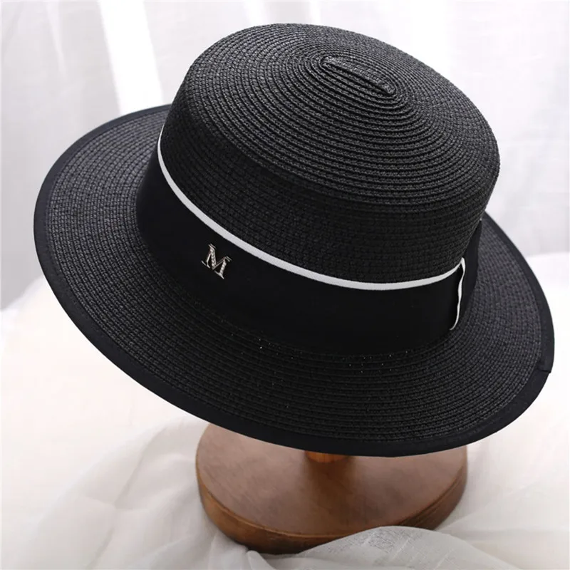 Summer outdoor M letter rhinestone flat brim sun hats Summer women's bowler hat Straw cap for travel shopping