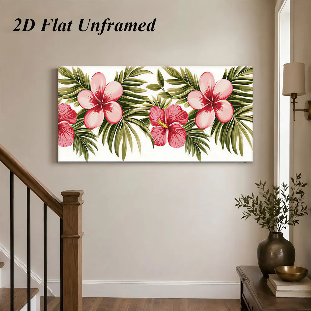1pc (No frame),1 tropical style frameless decorative painting with pink egg flower, red hibiscus flower, green palm leaf 2D plan