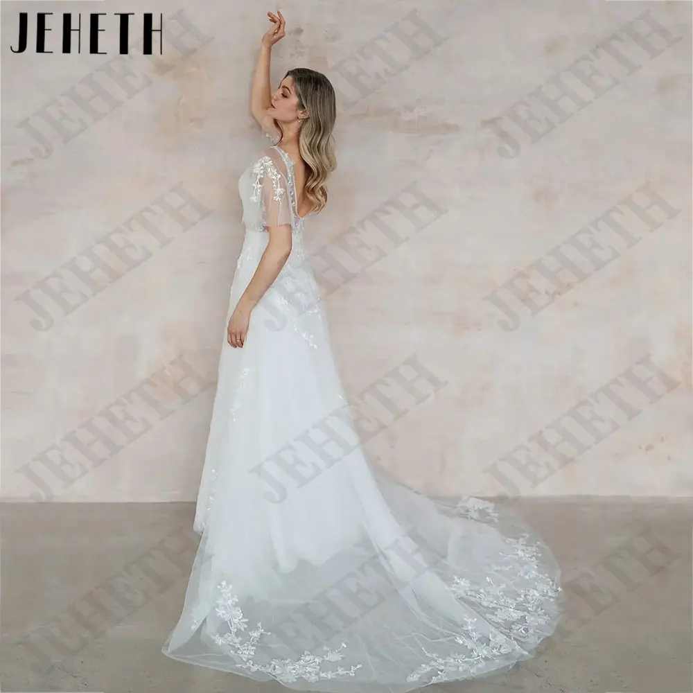 JEHETH Batwing Sleeve Appliques Wedding Dresses V-Neck Backless Bride Gown Button A-Line Tulle свадебное платье Custom Made 2024