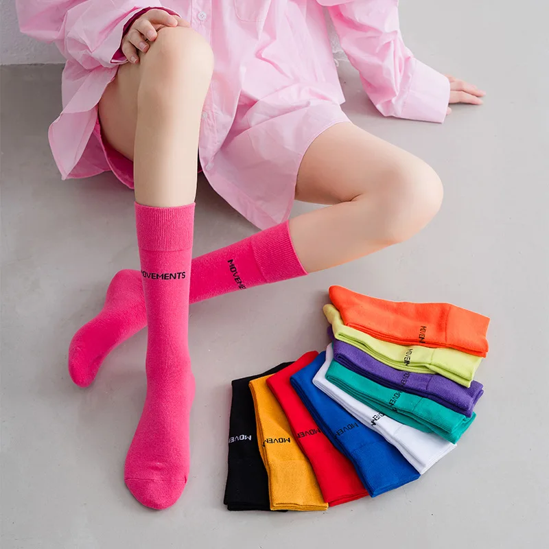 Fashion Candy Color Letter Family Socks Harajuku Casual Cotton Long Sock Women Sweet Cute Solid Color Pink Fluoscrence Pile Sock