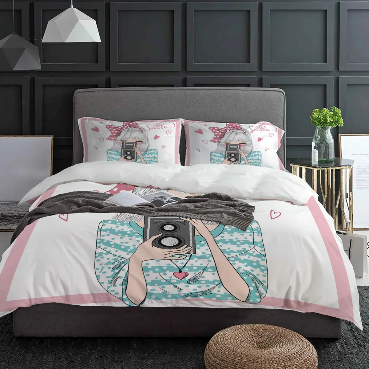

Girl Pink Bow Camera Bedding Set 3pcs Boys Girls Duvet Cover Pillowcase Kids Adult Quilt Cover Double Bed Set Home Textile