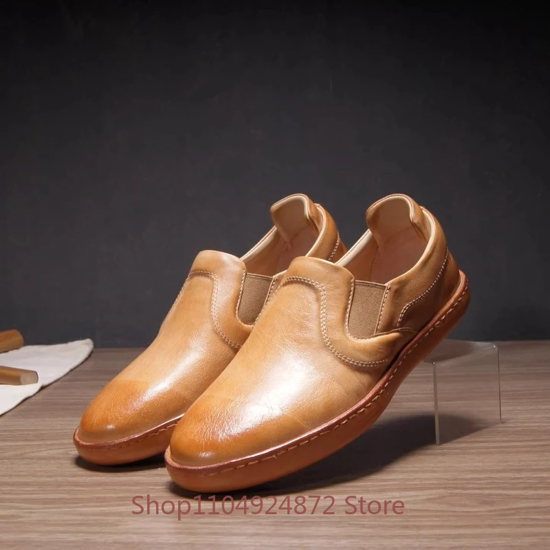 Luxury Handmade Sport Casual Shoes Men's Loafers Retro Slip on Soft Soled Genuine Leather Flat Hiking Cow Leather Shoes Male