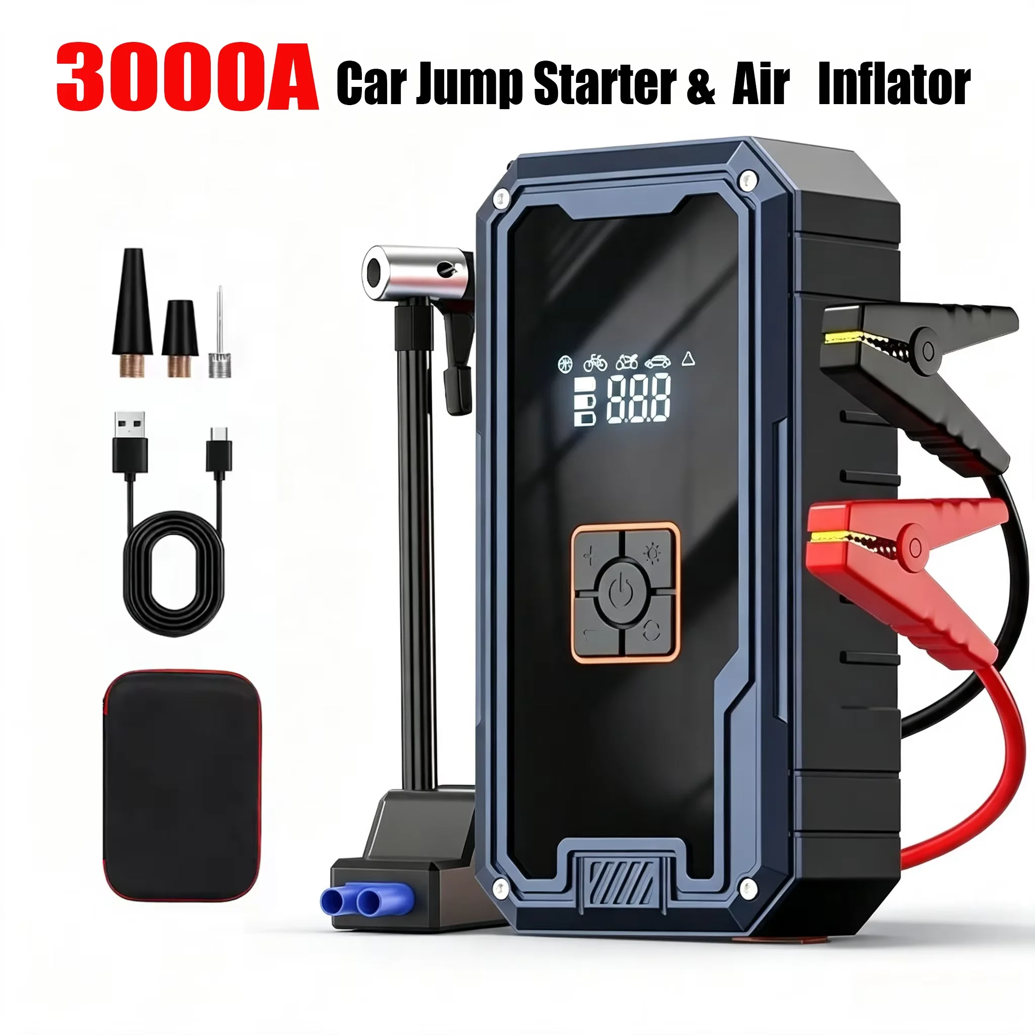 New Car Jump Starter with Air Compressor, 2000A Peak 99800mAh Portable 12V Auto Battery Booster with LCD Display, Emergency LED