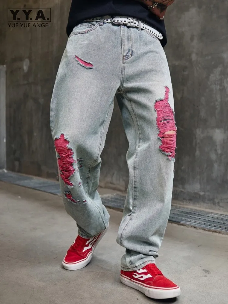 

Hip Hop Mens Hole Ripped Jeans Loose Fit Personality Casual Straight Trousers High Street Vintage Spring Summer Mens Denim Pants
