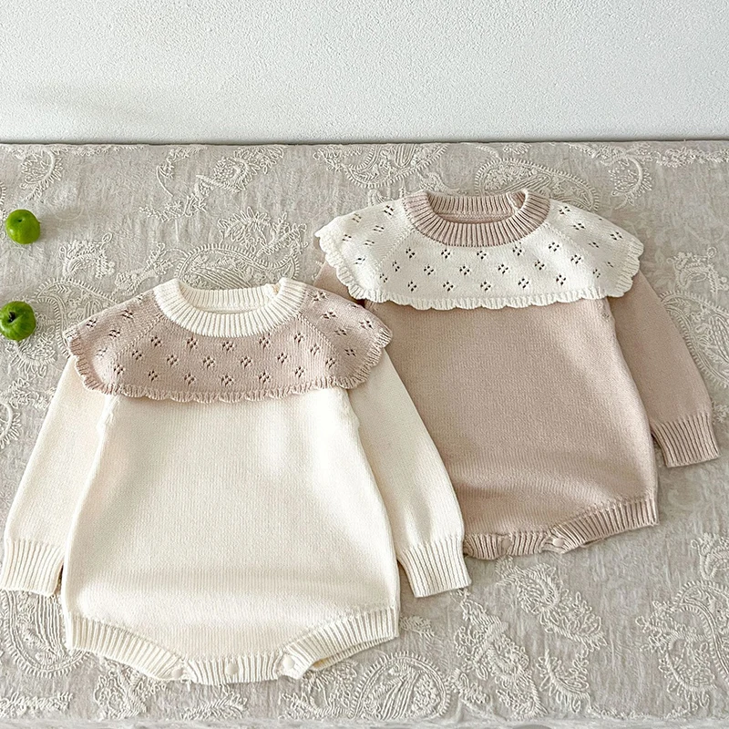 2024 New Autumn Baby Girl Knitted Clothing Newborn Baby Girls Knitted Bodysuits Long Sleeved Splicing Korean Style Climbing Suit