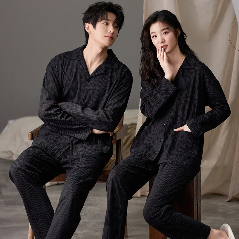 

Four Seasons Paragraph Couples Pajamas Male Korean Fresh Striped Homewear Suit Gentleman's Long-sleeved Long Pants Leisure Suit