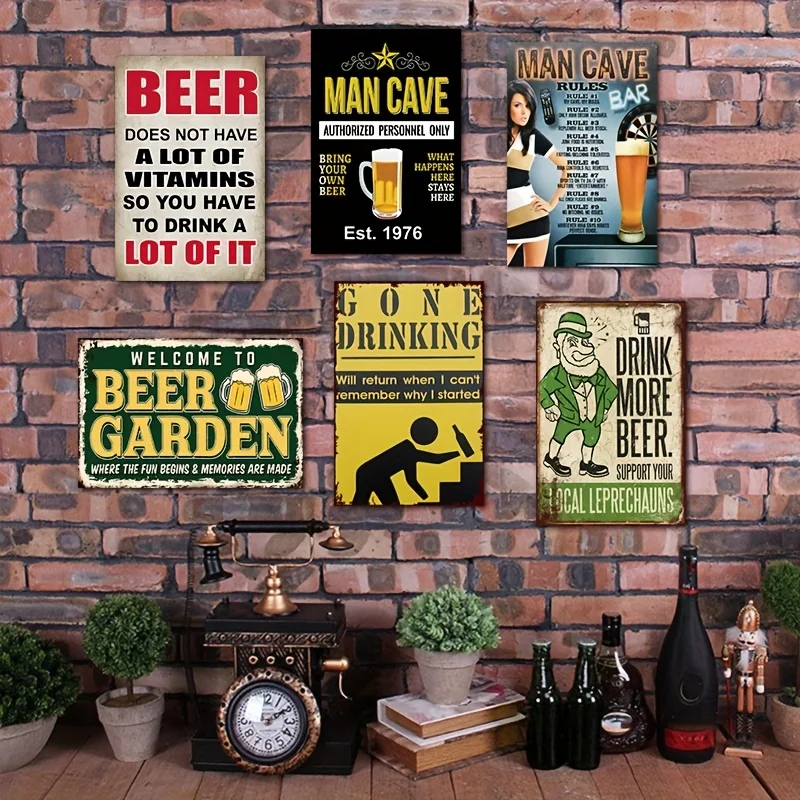 Letrero de bienvenida Vintage para jardín de cerveza, decoración de lata de Metal de 11,81x7,87 pulgadas con reglas de cerveza humorísticas, arte de pared de Bar para cueva de hombre, H, 6 uds.