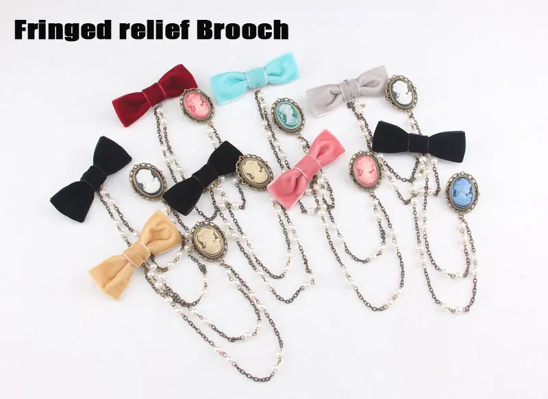 Cross border retro style sweater cardigan pin accessories, palace beauty head pearl velvet bow brooch