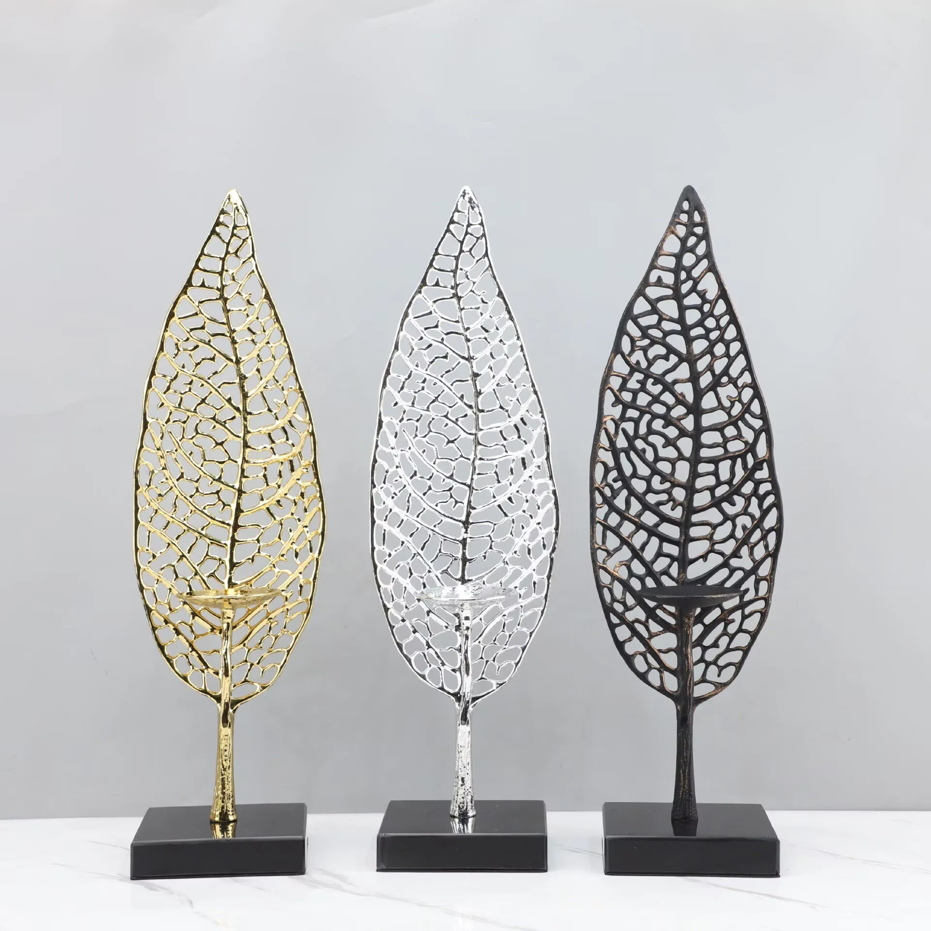 Room Decor Items Nordic Metal Marble Hollow Leaf Candlestick Decoration Ornaments Living Room Desktop Sample Room Crafts