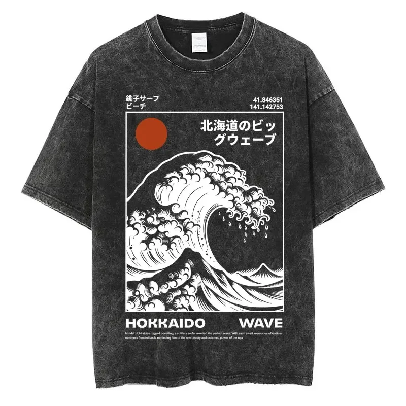 Camiseta con gráfico de olas japonesas de Hokkaido para hombre, camiseta de algodón lavado con estampado de olas grandes, estilo Harajuku, ropa de calle de verano