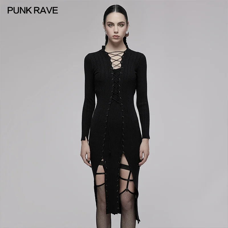 

PUNK RAVE Women's Gothic Daily Sheath Multi Wearing Ways Dark Wool Knitted Dress with String Sexy Simple Black Dresses