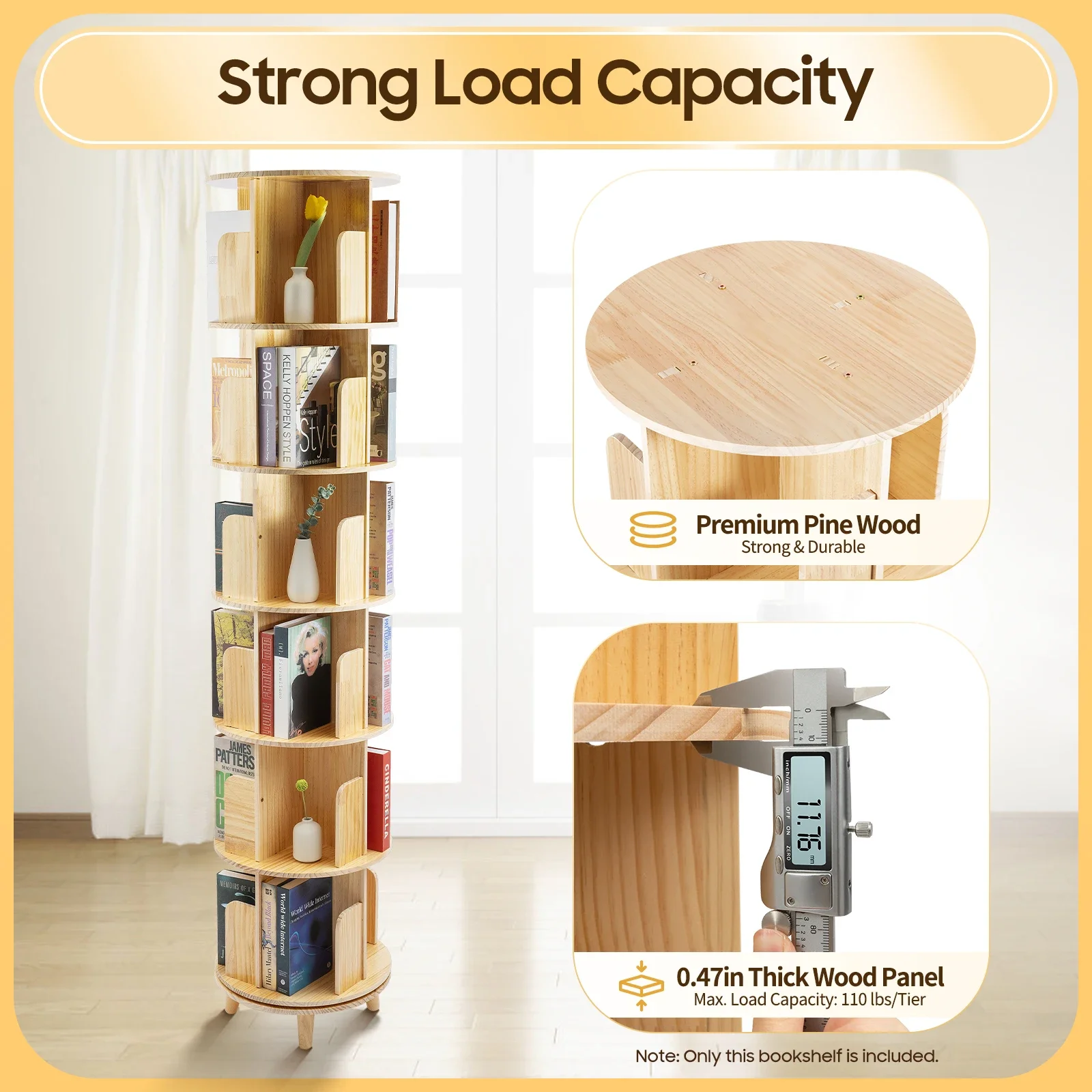 360° Rotating 6 Tier Wooden Bookcase - Floor-Stand Book Organizer Holder for Home