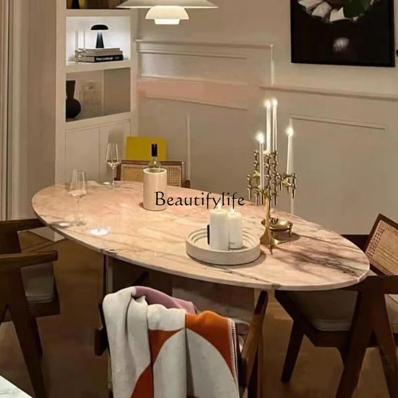 Natural Pink Jade Marble Ellipse Dining Table Modern Simple and Light Luxury Stone Dining Table Customization