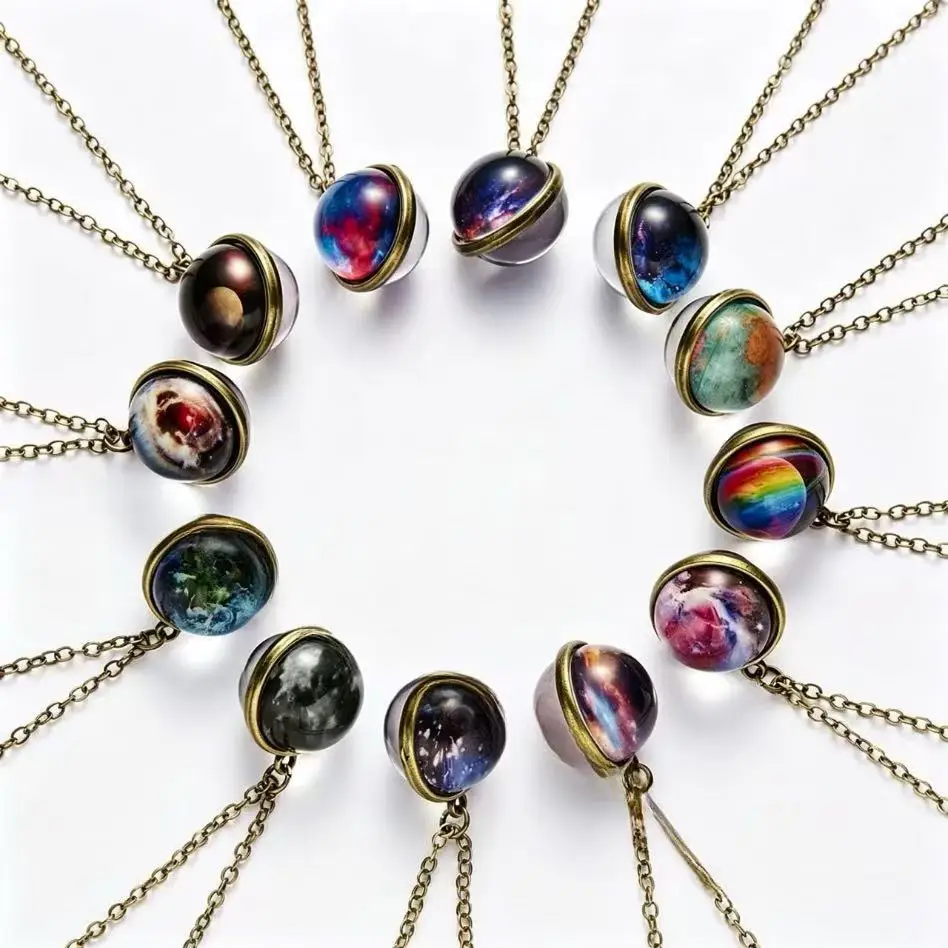 18mm Night Glow Double-sided Glass Sphere Pendant Nebula Galaxy Solar System Link Chain Necklace Universe Planet Jewelry Gift