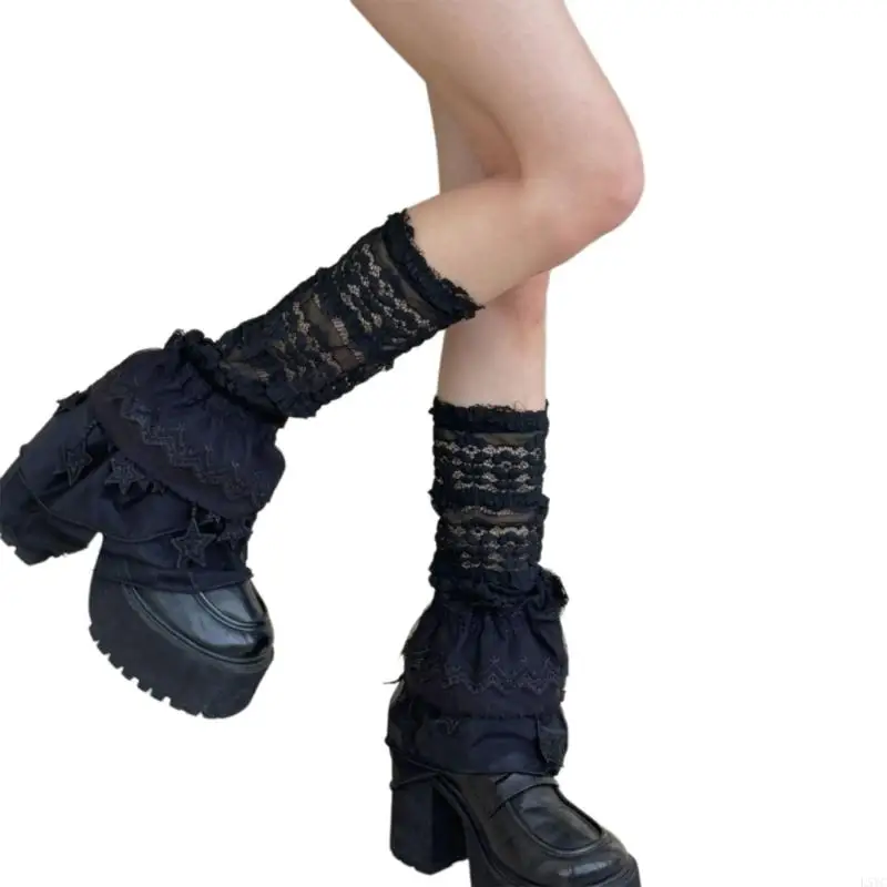 L5YC Mulheres Ruffle Lace Leg Warmer Doce Joelho Alto Meias Perna Mangas Princesa