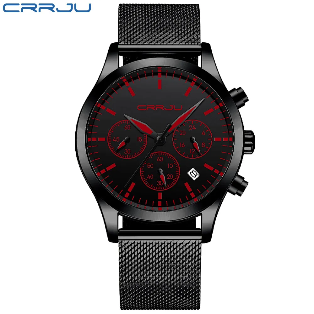 CRRJU Top Business Men's Watches Waterproof Luminous Stainless Steel Fashion Men Wristwatch Chronograph Date Man Quartz Watch