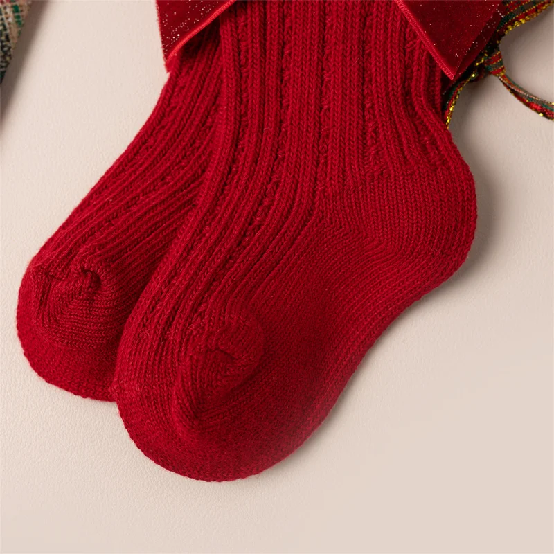 2 Paar/Set Weihnachts-Kniestrümpfe für Kleinkinder und Kinder, Mädchen, niedliche große Schleife, Neujahrs-Baumwoll-Langsocken, weiche warme Beinwärmer – Detail 10