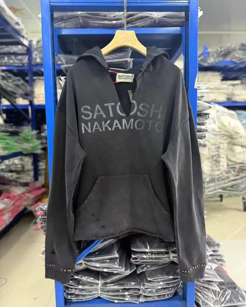 Black Men Women SATOSHI NAKAMOTO Hoodie 26SS Hip-Hop Oversized Washed Distressed Studded Winter Pullover
