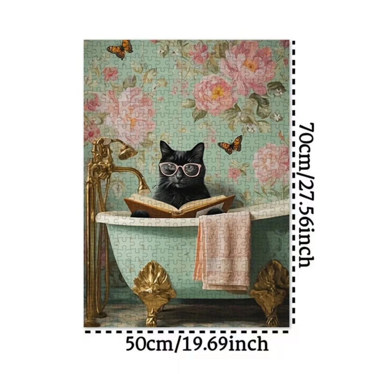 Rompecabezas de papel de 1000 piezas |   Lindo gato negro que lee en la bañera, fondo floral, rompecabezas para adultos de diversión familiar, 27,56 x 19,69 pulgadas,