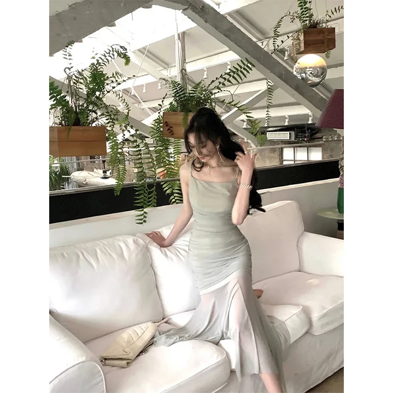 Mexzt unregelmäßige Midi Kleid Frauen elegante Spaghetti bügel faltet eine Linie Kleider koreanische Vintage Party schlanke Trompete Meerjungfrau Vestidos