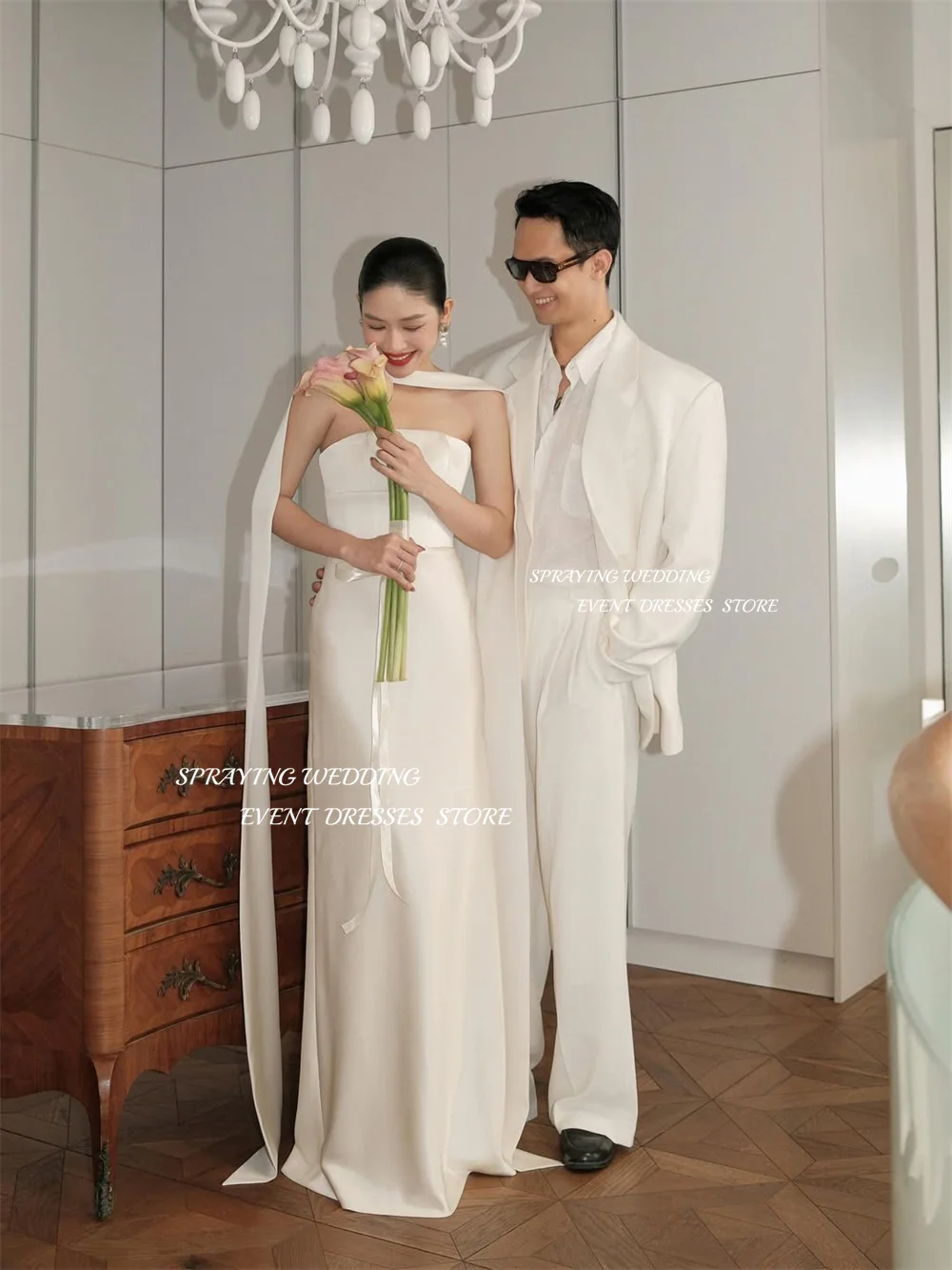 SPRAYING Elegant Satin Scarf Wedding Dresses Strapless Sleeveless Bridal Gown Mermaid Long Vestidos De Novia Customized 2026