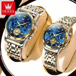 OLEVS-Montre de Couple à Quartz Originale pour Homme et Femme, en Acier Inoxydable, Étanche, Phase de Lune, Chronographe, Volant d'Inertie, Design, pour Amoureux