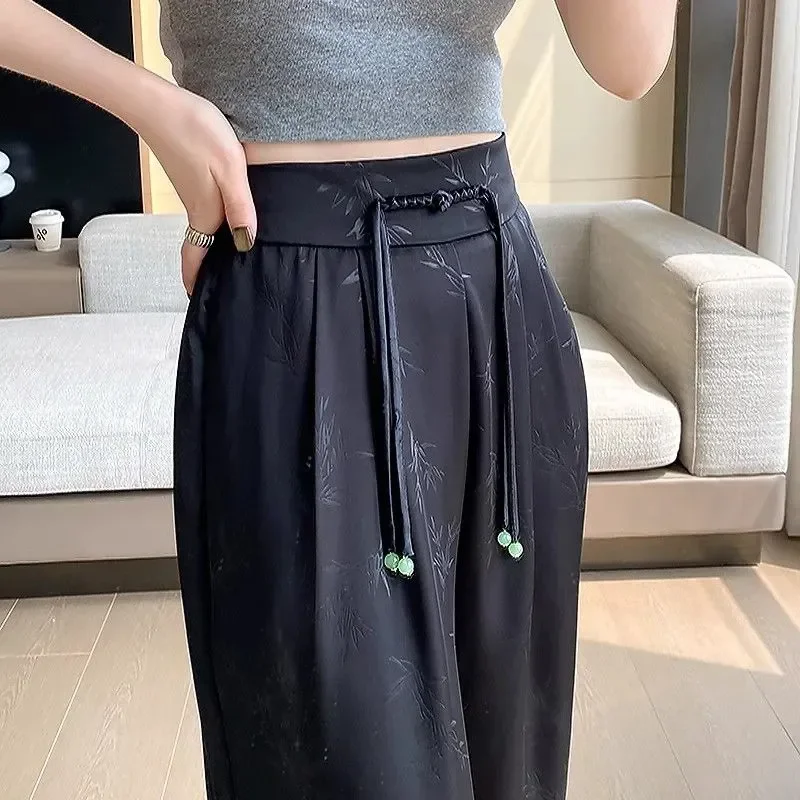 New Chinese National Jacquard Wide Leg Pants Women's Summer 2024 New Loose Design High-Grade Straight Dosing Ice Silk Pants