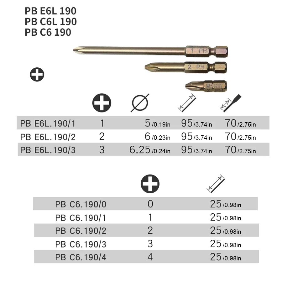 Schweizer Herstellung von PB SWISS TOOLS mit manuellem und elektrischem Kreuzkopf, 1/4-Zoll-Präzisionsbohrer C6.190 E6.190 E6L.190 Serie