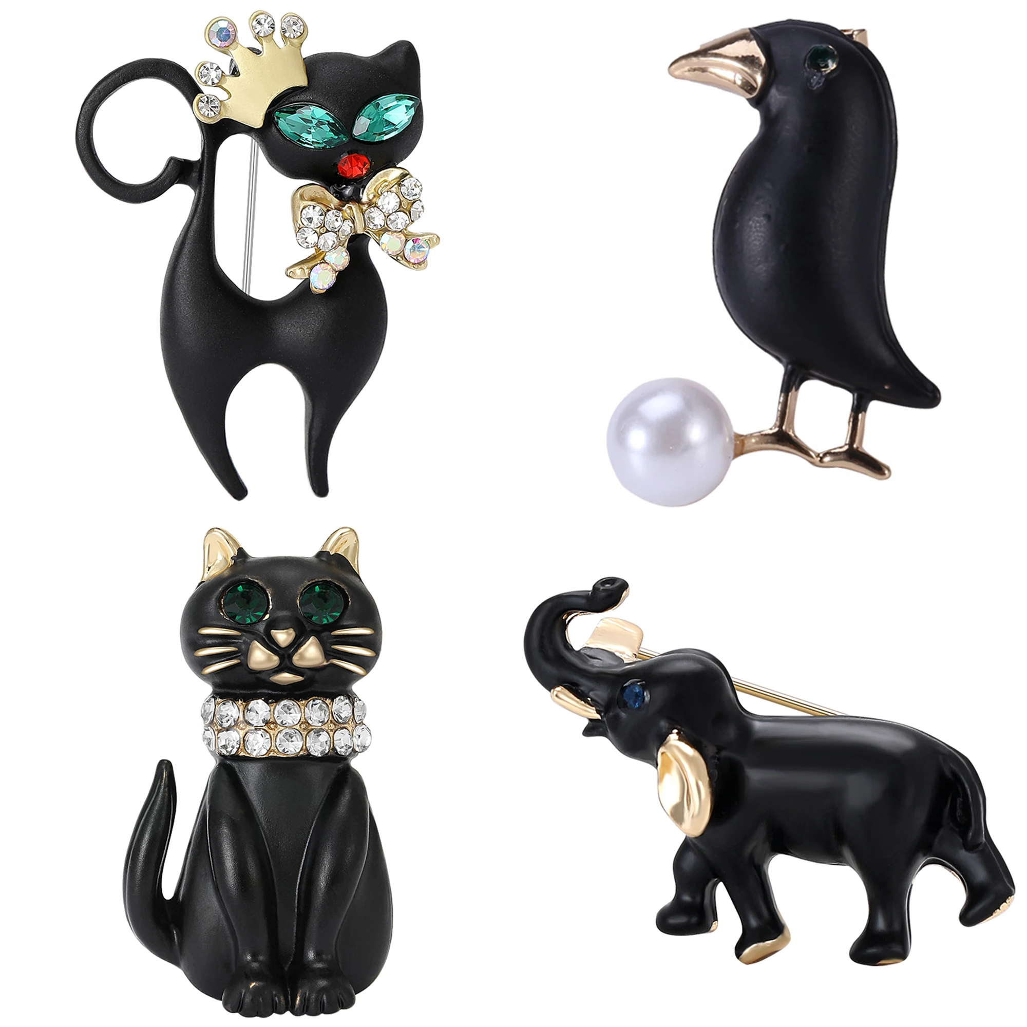 

Rhinestone Black Cat Brooch for Women Unisex Enamel Elephant Animal Pin Crow Lapel Pins Event Party Decoration Clothes Accessory