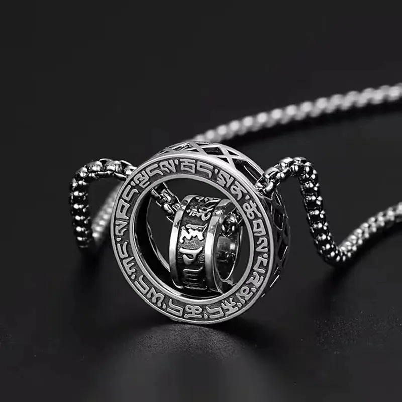 

Six character mantra double ring necklace for men, trendy, fashionable, niche, versatile, personalized retro accessory.