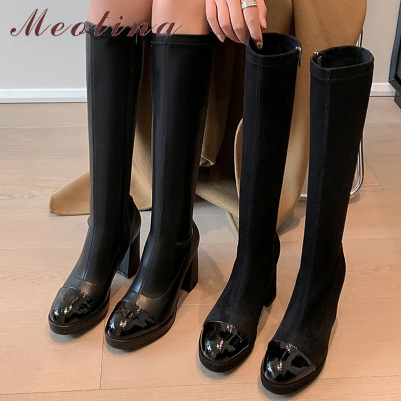 Meotina Women Genuine Leather Knee High Long Boots Round Toe Thick High Heels Zipper Gogo Boot Ladies Fashion Shoes Winter Black