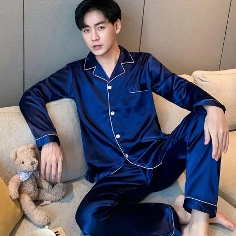 Lapel Long-Sleeved Cardigan Pajamas Men Korean Black Ice Silk Youth Casual Men\'s Silk Home Wear Students Pajamas Young Boys