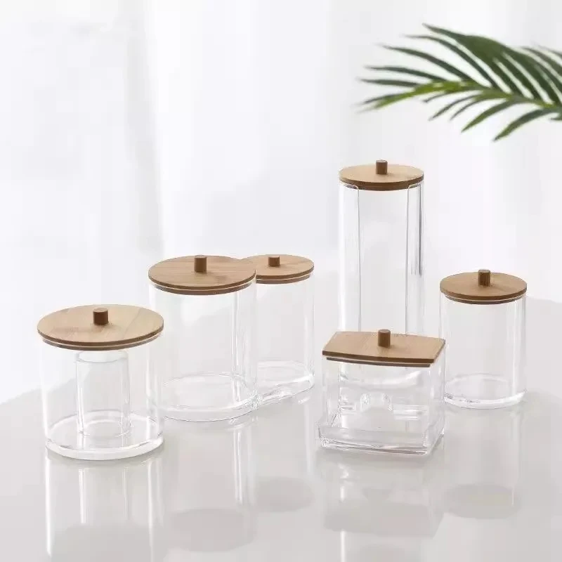 Acrylic storage box bathroom basin makeup organizer circular cotton swab holder QTip dispenser with bamboo cover