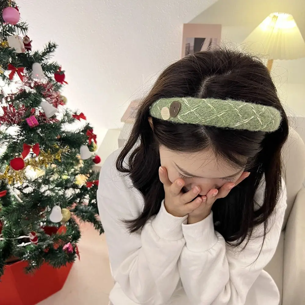 Korean Retro Button Plaid Wool Hairband for Women Girls Sweet Wide Side Headband Hair Hoop Fashion Headwear