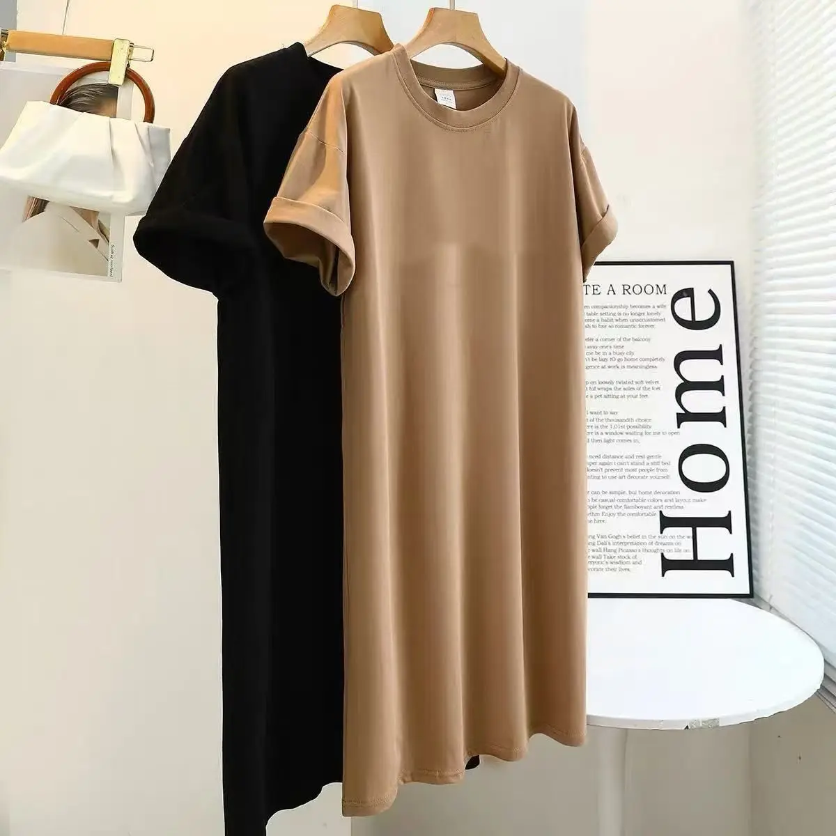 Coréen Sle décontracté ample grande taille Hong Kong Sle Design ort Sve mi-long fente T-shirt Dr peut être porté à l'extérieur