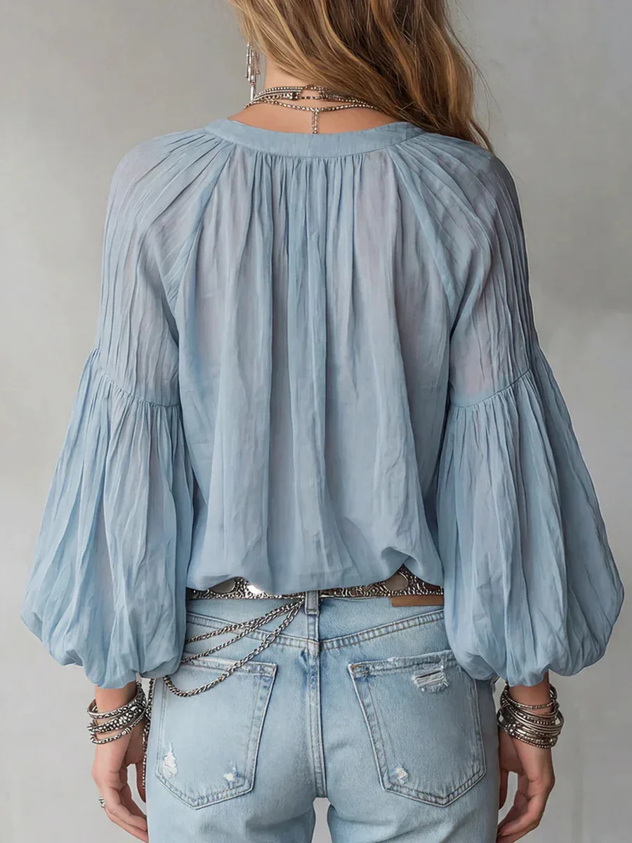 Urlaubs-Boho-Bluse für Damen, V-Ausschnitt, Puffärmel, locker geschnittenes, lässiges Strand-Oberteil mit langen Ärmeln – Detail 3