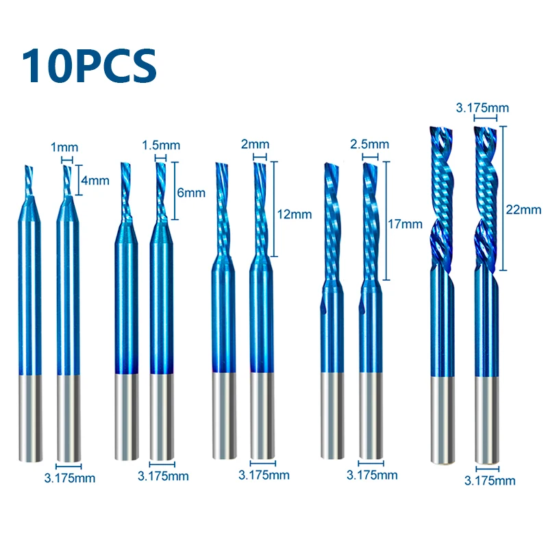 XCAN10pcs Singola Flauto Fresa In Metallo Duro 1/8 ''Gambo O Flauto A Spirale CNC Router Bit Cutter 1/1.5/2/2.5/3.175mm Strumenti di Fresatura del Legno