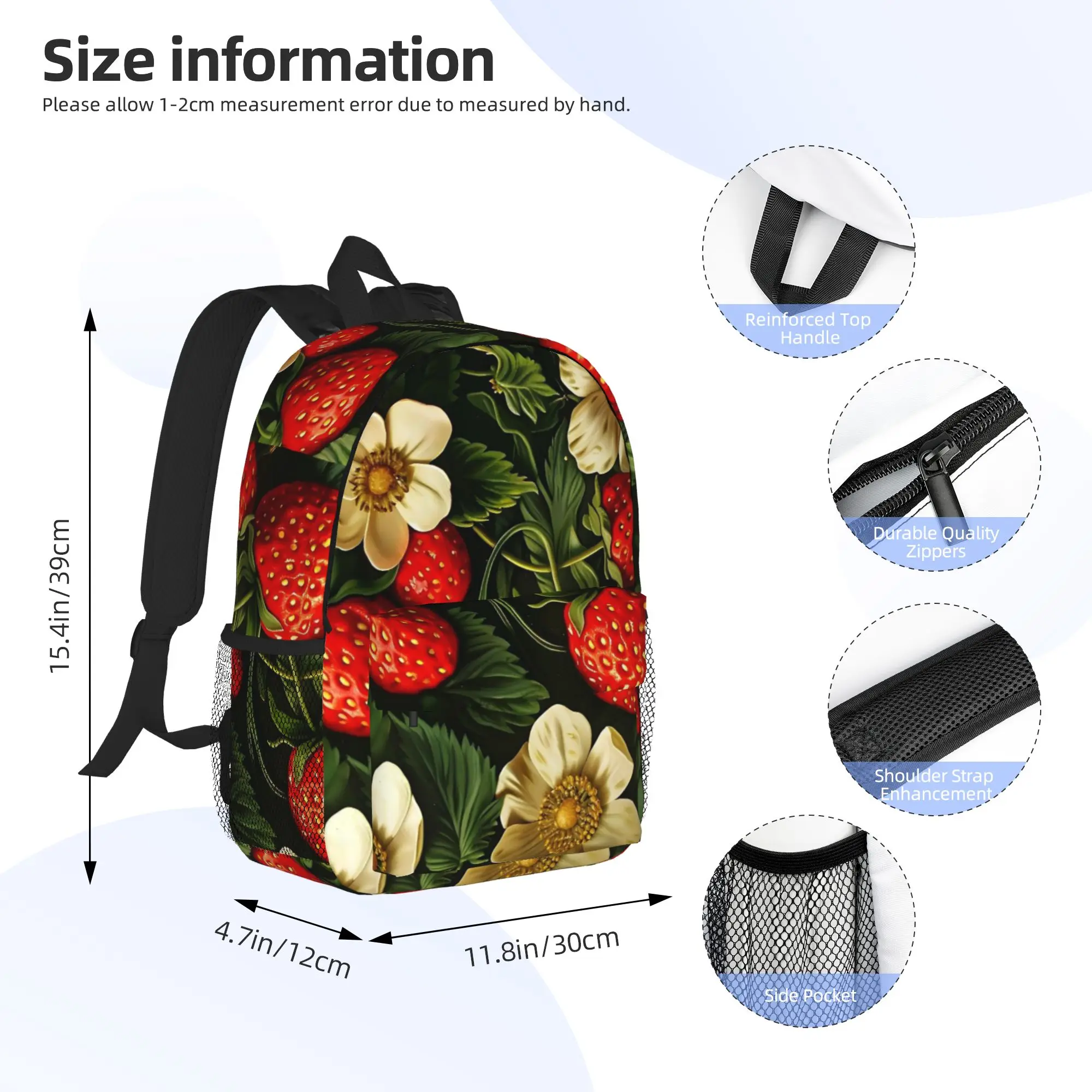 Fresh Strawberry Floral Pattern Backpack Hot Sale Daypack Large Capacity Boy Girl BookBag Shoulder Bags for Men Women School Bag