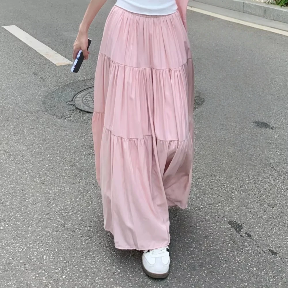 French Style Women Sweet A-line Long Skirt Spring Summer New Princess Cake Skirt Loose High Waist Pure Color Half Skirts