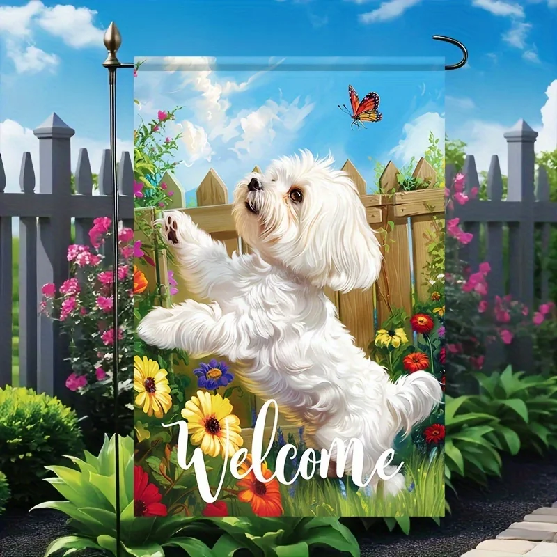 1Pc Fun Pet Dog and Garden Welcome Theme Garden Flag, Featuring a White Maltese Dog, Butterflies, Colorful Flowers, and Wooden Fence Elements, Double-Sided Printed Yard Flag, Suitable for Yards, Gardens, Porches, Balconies, Etc., Easily Creates a Warm and Friendly Welcome Atmosphere, a Heartwarming Gift for Pet Lovers.